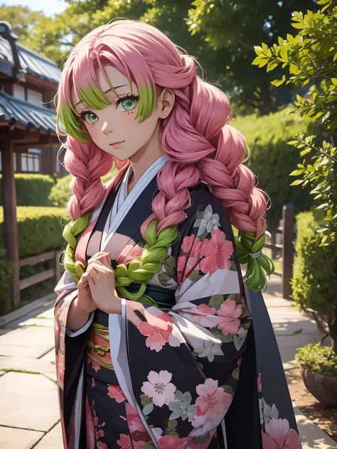 mitsuri in demon slayer anime, 1woman, wearing a long japanese kimono, at a japan village , mitsuri's hair style, 8k, high detai...