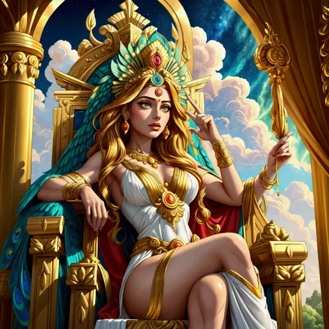 Create a high-quality image of the goddess Hera sitting on her throne on Olympus. Iva must be dressed in a fluid white tunic with golden details, and a golden tiara adorning her wavy hair. She holds a scetre in one hand, and her expression is of majesty an...