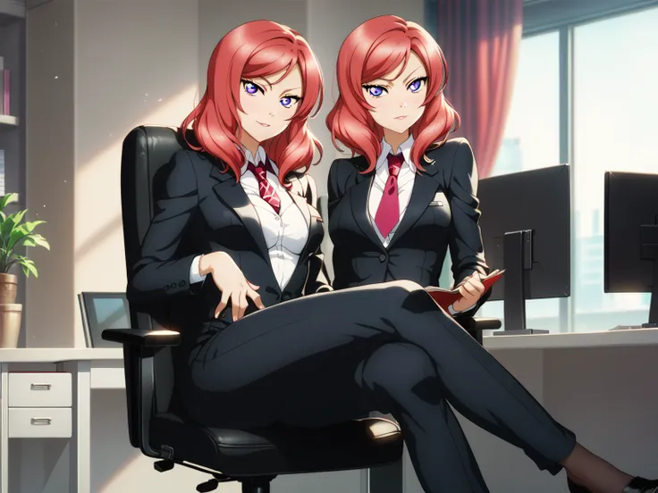 masterpiece, best quality,solo, nishikino maki,red hair, purple eyes, black formal suit, pants, sitting , crossed legs ,neck tie, Sexual seduction, sexualised ,in office , front view , busty breasts 