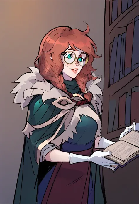 masterpiece, best quality, 1female, beautiful, aurora (league of legends), 1girl, freckles, bangs, braid, green cloak, fur trim, hood up, library, round eyewear, opaque glasses, white gloves, holding book, open book