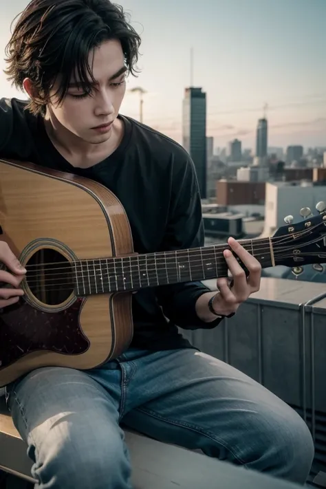 Create a man playing guitar on top of a building 