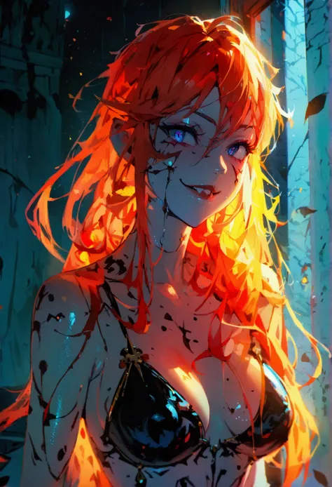 anime beautiful demon women, shark teeth, long hair, night, (standing in the dark room), eyes, wicked smile, detailes, 4k, room, full body, naked, sexy