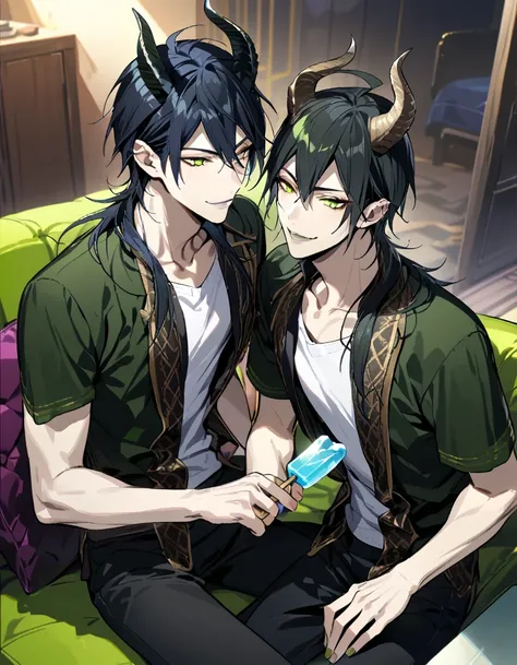 masterpiece, best quality, extremely detailed, anime , upper body, ((2boys)), BL, male focus, ikemen:1.5, looking at each other, holding ice candy, T-shirt, short sleeves, room, sitting on sofa,full body, malleus draconia (twisted wonderland) horns, bishou...