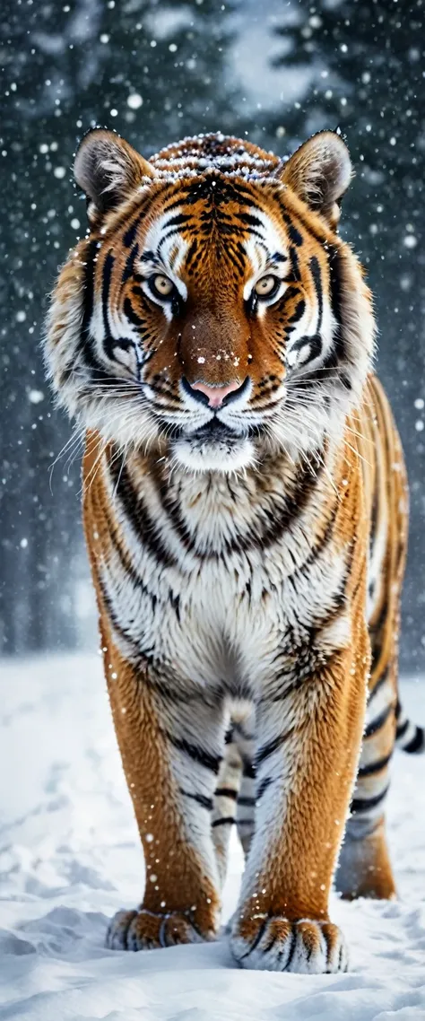 Realistic image, a majestic Siberian tiger, protecting itself from heavy snowfall, realistic photo