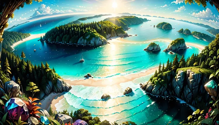 natural gemstones shine brightly, sea seen beyond the forest, (masterpiece:1.2), best quality, high quality, ultra high res, (hy...