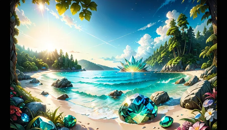 natural gemstones shine brightly, sea seen beyond the forest, (masterpiece:1.2), best quality, high quality, ultra high res, (hy...