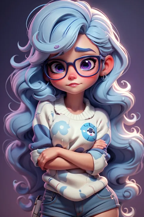 create an 3d illustration, model, exuberant, disney, woman sofisticaded, ver blue eyes, luxury, realistic,innocent, tear on face, wearing white sueter , nitid, pixar style, big eyelash, stylish, glasses, sad expression, using dark purple lipstick, straight...