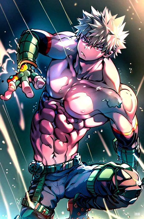 ((​masterpiece,best quality, detailed)), 1 boy, male focus, outside, ruins, squat, natta, lamppost, Nebula, Rain,
Bakugou Katsuki, two-tone gloves, green belt, high collar, Body, superhero, knee pad, black pants, boots, look up, (, muscular legs , muscular...