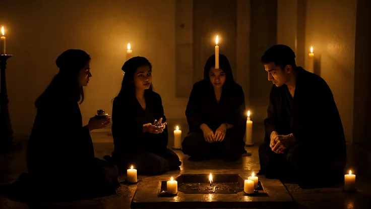 satanic ritual, men in black robes, three faces, sacrificing animals with blood, candles and skulls