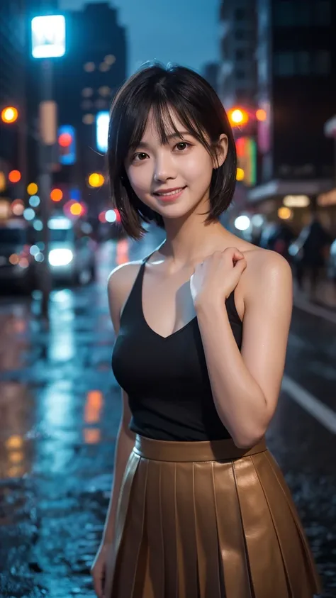 (RAW Photos, 最high quality), (Realistic, photoRealistic: 1.2), (Round face: 1), 1 girl, Outdoor selfie, (Skin with attention to detail: 1.2), (Puffy eyes), (Lying Silkworm), smile, clavicle, water, Straight brown black hair, Pure black pleated skirt, Soft ...