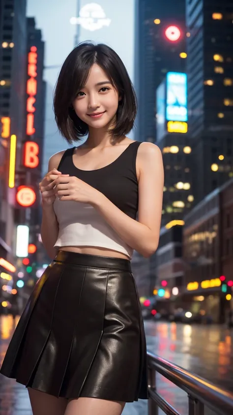 (RAW Photos, 最high quality), (Realistic, photoRealistic: 1.2), (Round face: 1), 1 girl, Outdoor selfie, (Skin with attention to detail: 1.2), (Puffy eyes), (Lying Silkworm), smile, clavicle, water, Straight brown black hair, Pure black pleated skirt, Soft ...