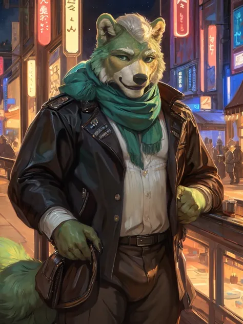 anthro, kemono, male, solo,  (((green bear))), (((green fur))), green hair, beard, white eyebrows, (by oouna, by honovy, by personalami, by clockhands) male, fox, solo, wearing jacket, green eyes, fox mccloud, wearing jacket, pants, scarf, fancy, black shi...