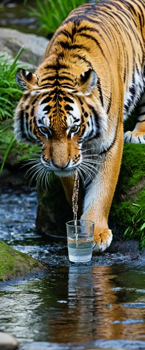 Realistic photo, a Siberian tiger, drinking water from a stream, next to its cub 