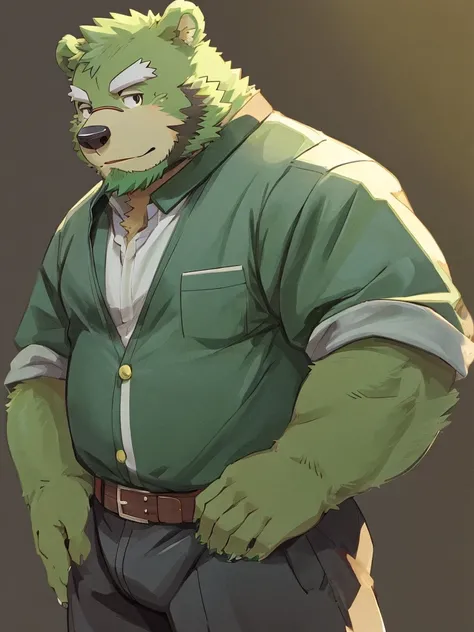 anthro, kemono, male, solo,  (((green bear))), (((green fur))), green hair, beard, white eyebrows, simple background, mature, casual clothes, 