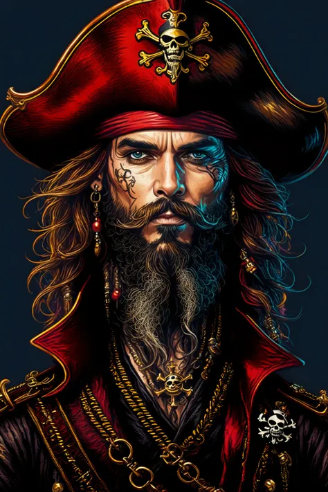 a close-up of a man with a beard and hat, pirate portrait, king of pirates, sparrow, pirate captain, captain sparrow, pirateria ornamentada, a pirate, pirate, pirates of the carribean, portrait of captain sparrow, pirate themed, epic portrait illustration,...