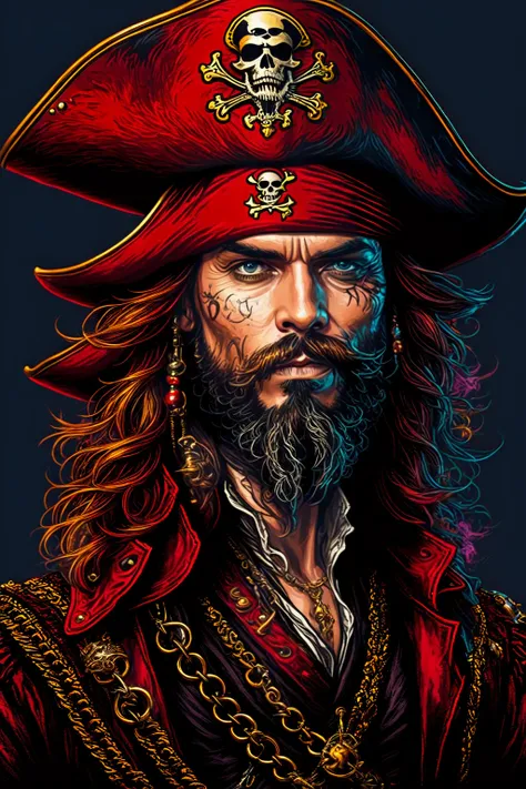 a close-up of a man with a beard and hat, pirate portrait, king of pirates, sparrow, pirate captain, captain sparrow, pirateria ornamentada, a pirate, pirate, pirates of the carribean, portrait of captain sparrow, pirate themed, epic portrait illustration,...