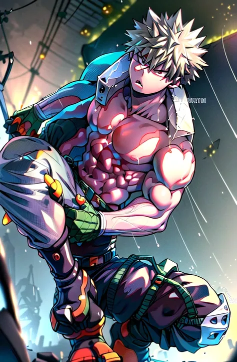 ((​masterpiece,best quality, detailed)), 1 boy, male focus, outside, ruins, squat, natta, lamppost, nebula, rain,
bakugou katsuk...