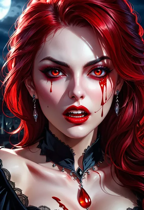 a portrait of vampire with a bloody tear coming down from he eye, an exotic beautiful female vampire, red hair color, dynamic hair style, ultra detailed face, best detailed face, dynamic eye color, ((1single red teardrop, teardrop made of blood coming down...