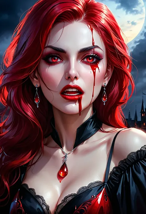 a portrait of vampire with a bloody tear coming down from he eye, an exotic beautiful female vampire, red hair color, dynamic hair style, ultra detailed face, best detailed face, dynamic eye color, ((1single red teardrop, teardrop made of blood coming down...