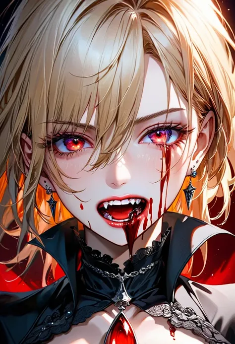 aa portrait of vampire with a bloody tear coming down from he eye, an exotic beautiful female vampire, blond hair color, dynamic hair style, ultra detailed face, best detailed face, silver eye color, ((1single red teardrop, teardrop made of blood coming do...