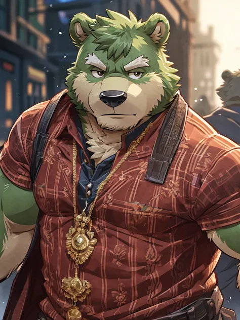 anthro, kemono, male, solo,  (((green bear))), (((green fur))), green hair, beard, white eyebrows, simple background, mature, casual clothes, anthro donkey, 4k, high resolution, best quality, posted on e621, solo, anthro body, male, adult, masculine, , cor...