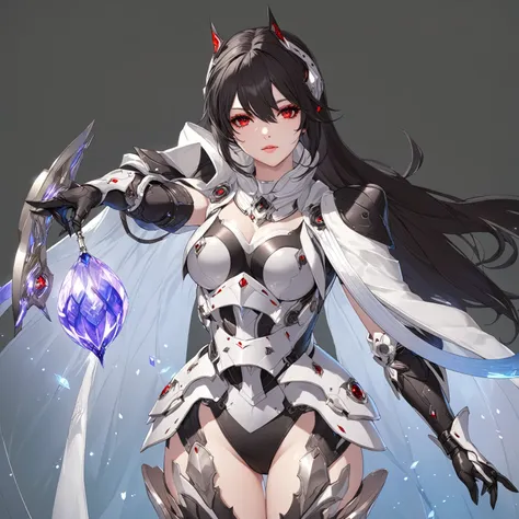 masterpiece, best quality, good quality, Highly detailed, shadowverse style, female, red eyes, black with white hair mix, modern fantasy sci-fi aesthethic