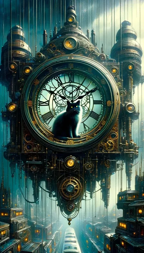 a cat sitting on an ornate old-fashioned clock, futuristic cyberpunk city landscape in the background, lonely and isolated, (art inspired by Bill Sienkiewicz), (best quality,4k,8k,highres,masterpiece:1.2),ultra-detailed,(realistic,photorealistic,photo-real...