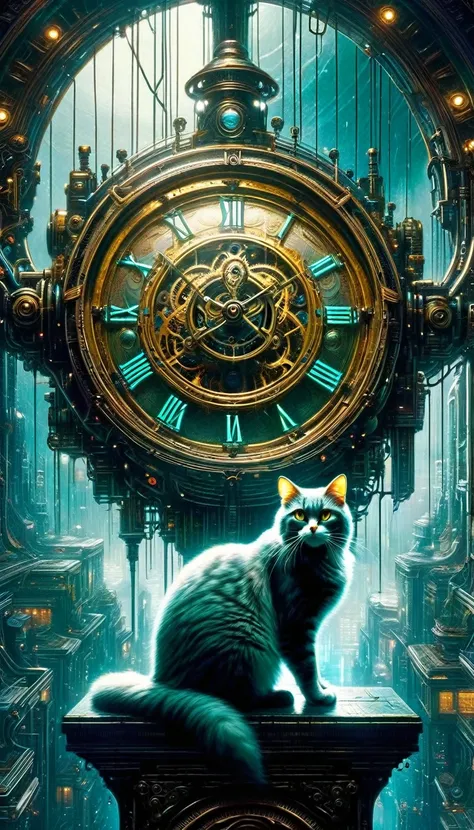 a cat sitting on an ornate old-fashioned clock, futuristic cyberpunk city landscape in the background, lonely and isolated, (art inspired by Bill Sienkiewicz), (best quality,4k,8k,highres,masterpiece:1.2),ultra-detailed,(realistic,photorealistic,photo-real...