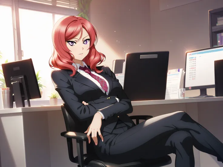 masterpiece, best quality,solo, nishikino maki,red hair, purple eyes, black formal suit, pants, sitting , crossed legs ,neck tie...