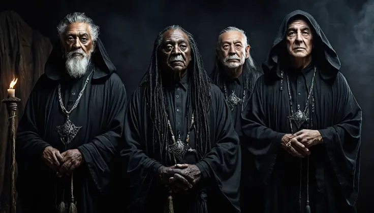 three MEN, in wizard, in black, old, voodoo robes, clear and ultra realistic image