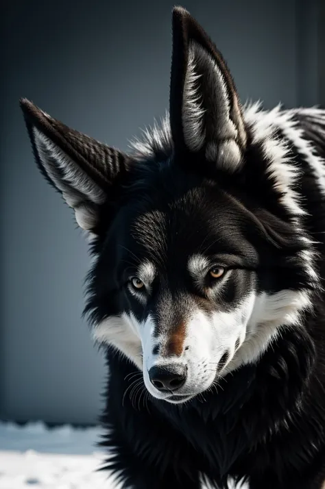 A black and white furry wolf with horns