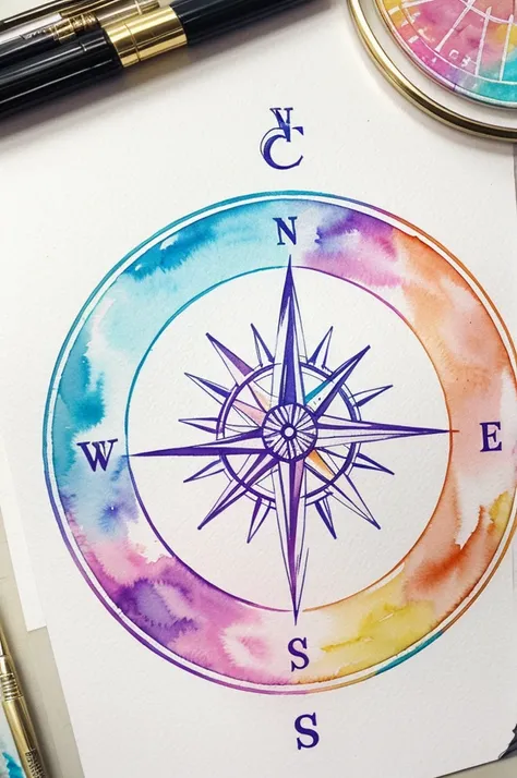 A circle logo containing a dream catcher combined with a compass in watercolor and pastel tones 