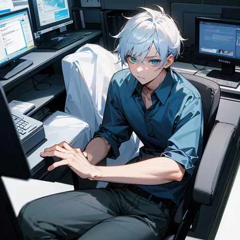 teenage boy, dark blue shirt, bluish white hair, greeneyes, black pants, sitting in an office chair using the computer alone, looking directly at the monitor