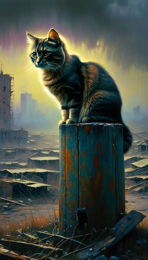 a cat on an abandoned post-apocalyptic landscape, ruined city, detailed feline, lonely, oil painting, hyperrealistic, dramatic lighting, moody colors, muted tones, masterpiece, 4k, ultra-detailed, photorealistic, cinematic composition, art inspired by Bill...