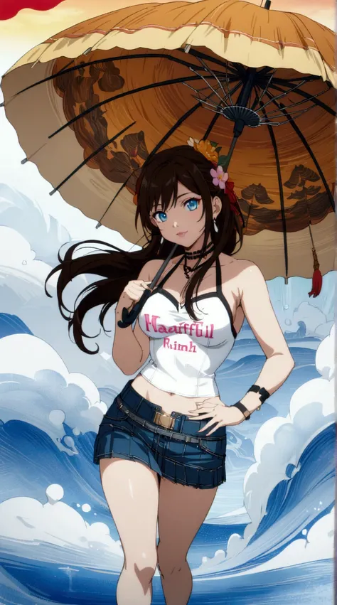 a young beautiful woman holding an umbrella at the beach on rainy day, anime style, beautiful detailed eyes, beautiful detailed lips, extremely detailed face, longeyelashes, 1girl, solo, full body, vivid colors, (masterpiece, best quality)