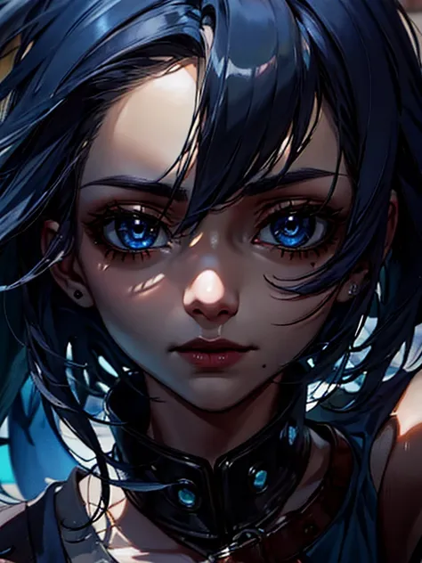 dark blue hair, mole under eye, dashed eyes, first-person view, high detail, anime