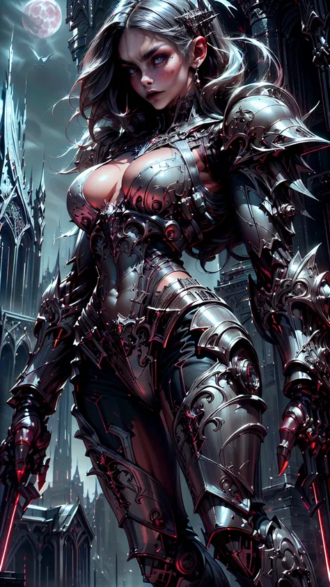 Full body portrait,  (1 girl), Beautiful muscular armoured vampire girl standing on cathedral looking at the moon, (gothic vampire body armor:1.25), (extreme muscular definition:1.5), (large muscular vascular breasts:1.25), (huge muscular arms:1.5,) (10-pa...