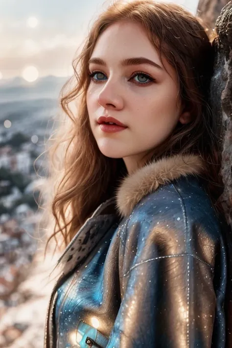 A beautiful young woman with sharp focus, photographic, wearing a fur coat on a cliff, with smoky eye makeup, detailed eyes and lips, cinematic lighting, shallow depth of field, bokeh, 4K, HDR, by James C. Christensen|Jeremy Lipking.