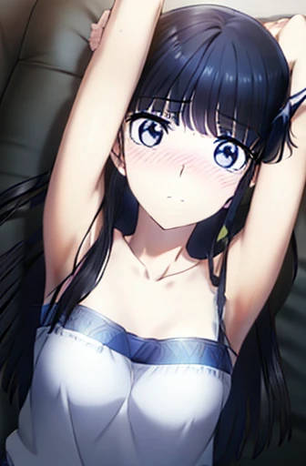 miyukishiba miyuki shiba (azure eyes:1.7), dark black long hair,  (ample chest:1.2), raised arms, embarassed face, blushing, gasping
BREAK collarbone, very short and low-cut frilly apron, bare arms, bare shoulders, bare legs
BREAK looking at viewer,
BREAK ...