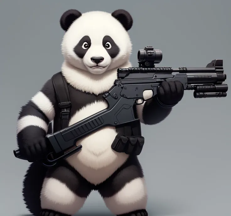 Panda holding a rifle on the right side，Gray background