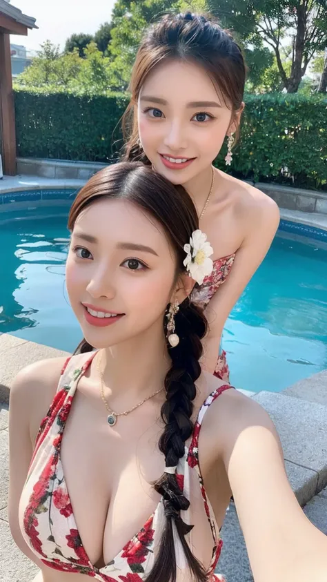 (Japanese hot spring resorts,Immerse yourself up to your shoulders in the open-air bath.,)Blushing、Laugh shyly、(Beautiful girls)、(Flower Hair Ornaments,Floral braided top knot,Twisted side ponytail,Braided Flower Headband,Half Up、Floral braided space buns,...