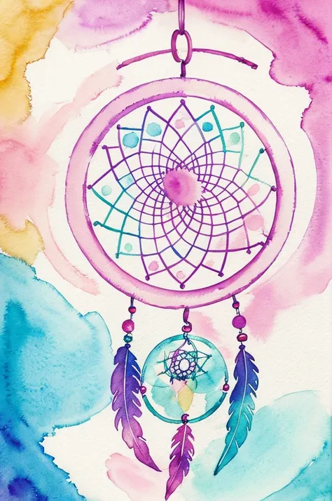 A circle logo containing a dream catcher in pastel watercolor tones 