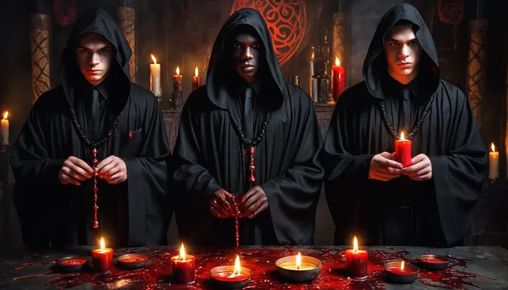 three 20 year old MEN in black robes, Blood, candles, voodoo, clear and ultra realistic image