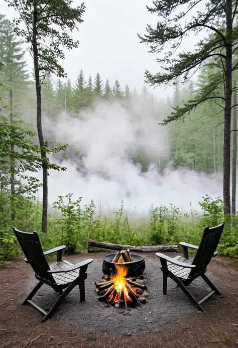 Two chairs with campfire in the middle, background forest with fog 5%