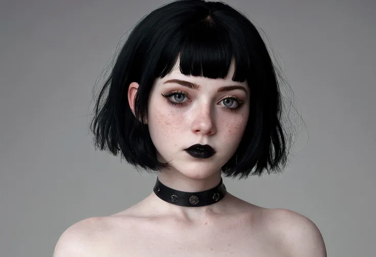 (extremely detailed CG:1.2), (masterpiece:1.2), (best quality:1.2),,((absurdres)),looking at viewer, solo,1girl,goth ,emo ,pale skin,short hair,black hair,20 year old,freckles,black lipstick,heavy makeup,fit body,sweaty,full body,nude