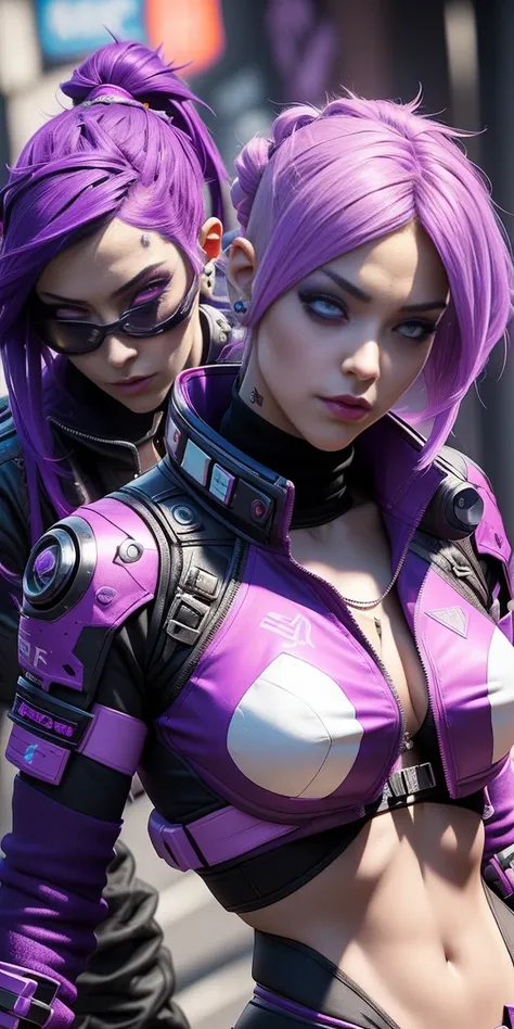 two female characters with purple hair and black and pink hair, cyber universe style, cyber punk setting, unreal engine : : delirium makeup, cyber style, in a cyber-punk ally, futuristic avatars, punk girl, a cyberpunk 2077, gothic and futuristic, beautifu...