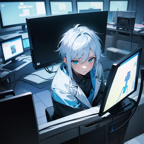 teenage boy, dark blue shirt, bluish white hair, greeneyes, black pants, in the room using the computer alone, looking directly at the monitor