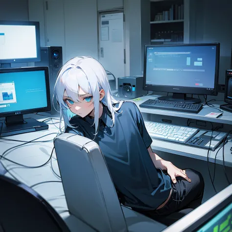 teenage boy, dark blue shirt, bluish white hair, greeneyes, black pants, in the room using the computer alone, looking directly at the monitor