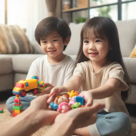 point of view, POV right hands  giving toys, in front of him there were two asian kids(boys and girl) happy playing in the living room(no blur),  Ultra HD --v 6.0, soft brightness, soft bright lighting, daylight lighting