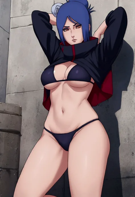 score_9, score_8_up, score_7_up, score_6_up, rating_safe, Konan/Naruto, 1girl, solo, hot girl, sexy girl, blue hair, hair ornament, hair bun, single hair bun, amber eyes, expressionless, big , nice thighs, nice ass, looking at viewer, standing, black bikin...